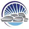 A blue and white logo with a wheel and rocks on a white background.