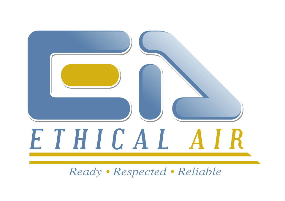 A blue and yellow logo for ethical air
