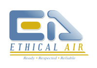 A blue and yellow logo for ethical air