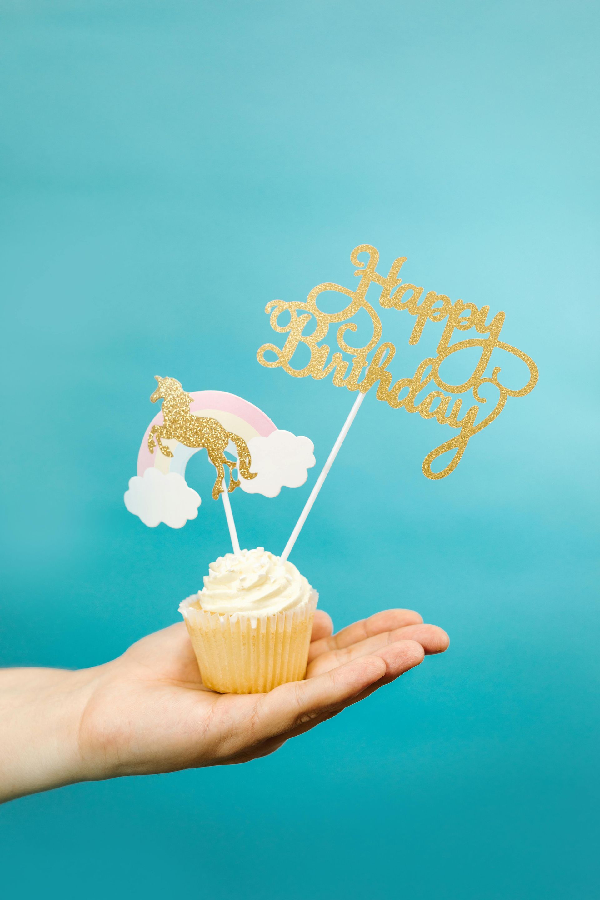 Rainbow Unicorn and Gold Writing Cupcake Toppers