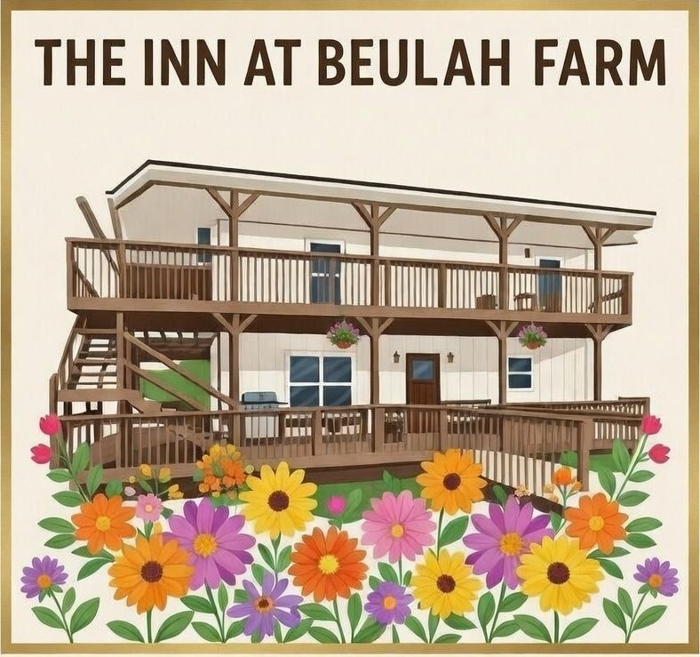 The Inn at Beulah Farm features a two-story house with a wooden deck, surrounded by colorful flowers on a cream background.