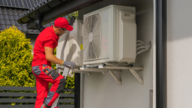 A man is installing an air conditioner on the side of a building.