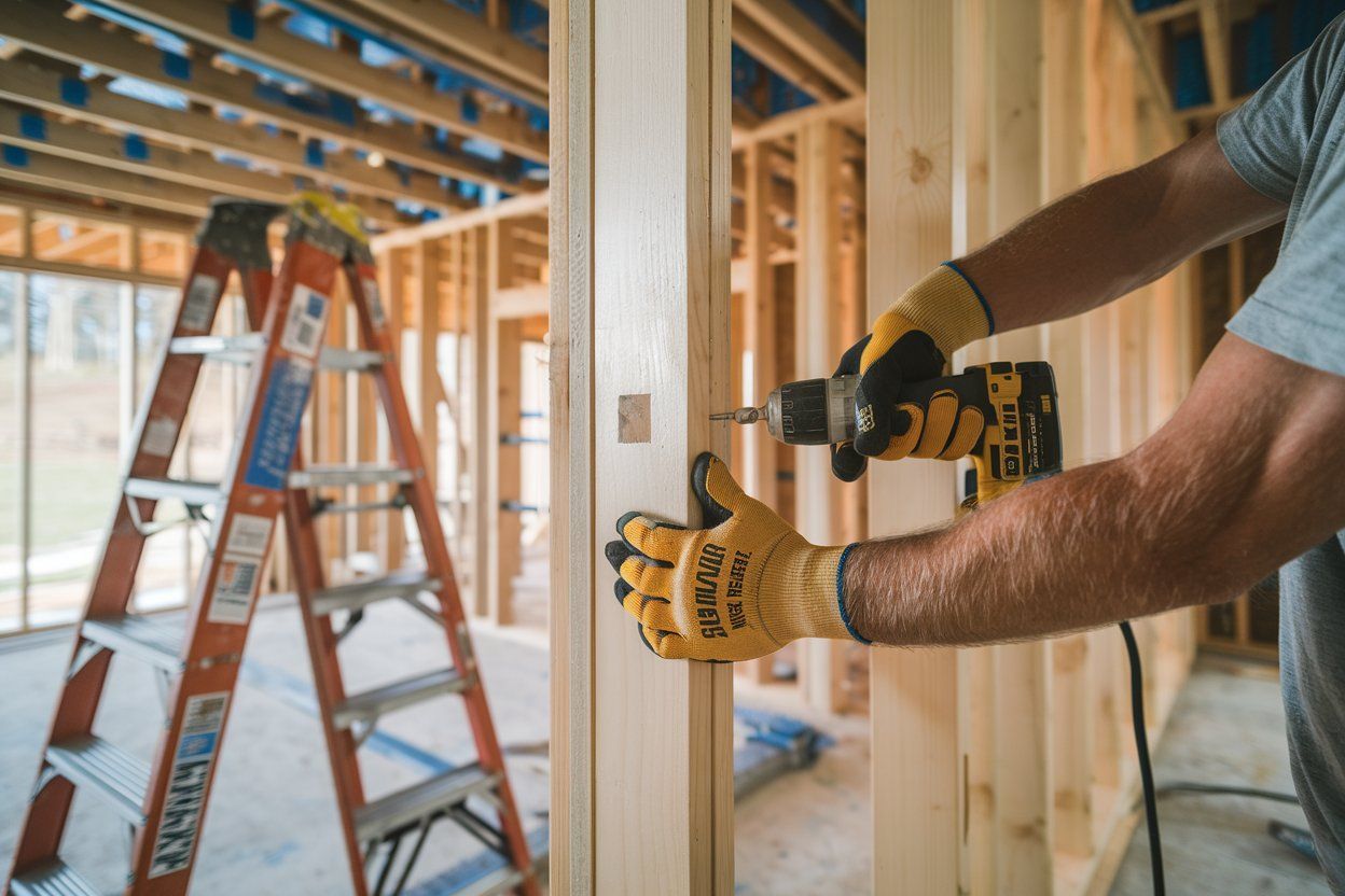 A construction worker wearing orange gloves is pouring concrete on a construction site.