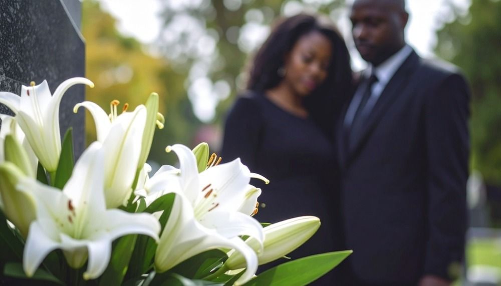 White lilies in the foreground with a softly blurred couple in dark formalwear outdoors in the background