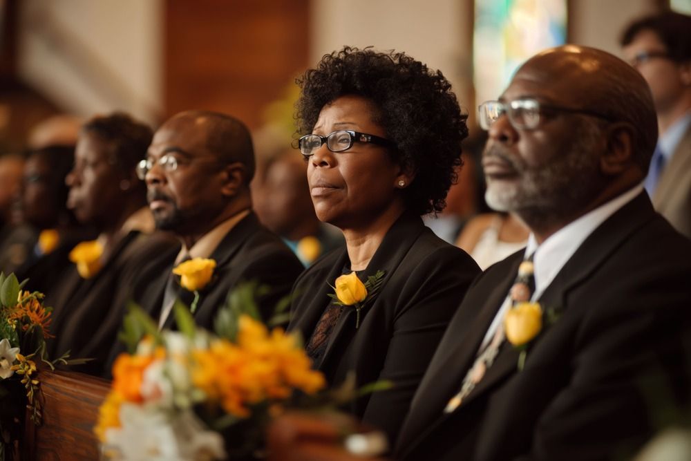 People seated in formal attire at a ceremony, each wearing a yellow flower boutonniere