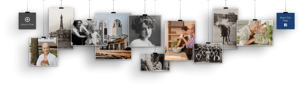 Collage of black-and-white family photos arranged across a wall with a few color portrait accents