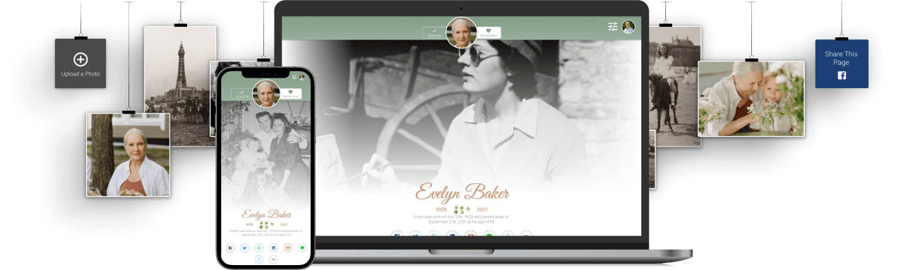 Wedding website mockup on laptop and phone, with hanging photo cards and a couple portrait background