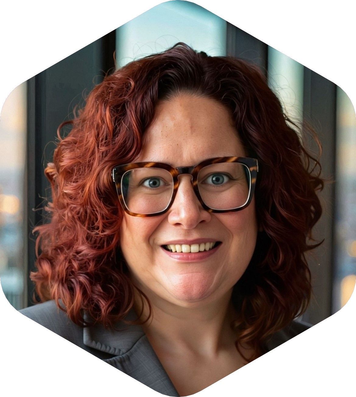 Woman with red curly hair and glasses smiles, wearing a gray blazer, in front of a window.