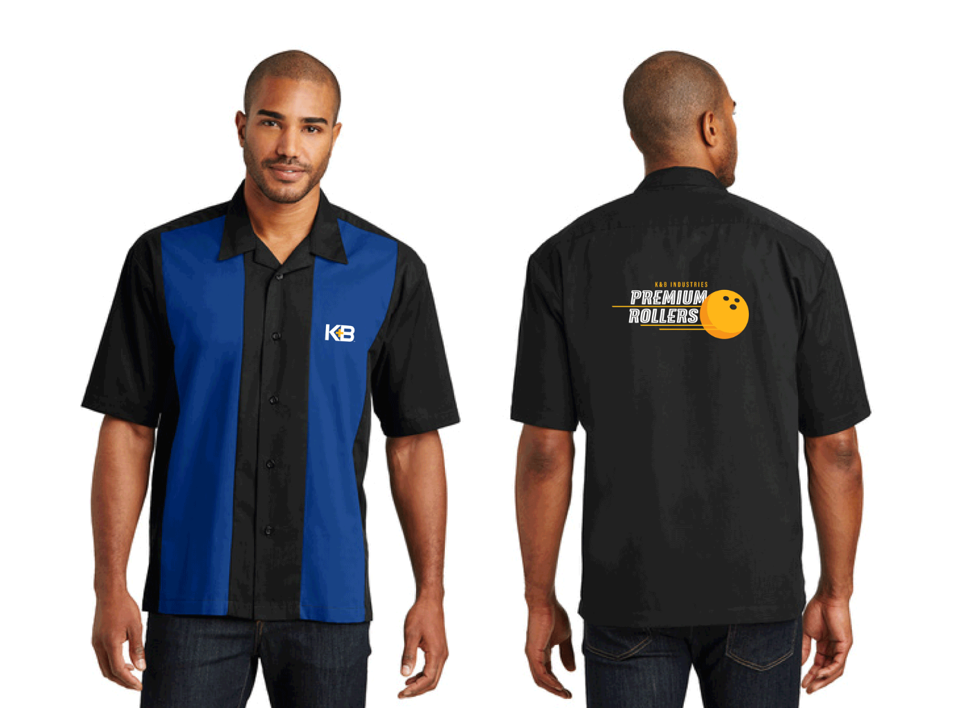 A man is wearing a blue and black K&B bowling team shirt.
