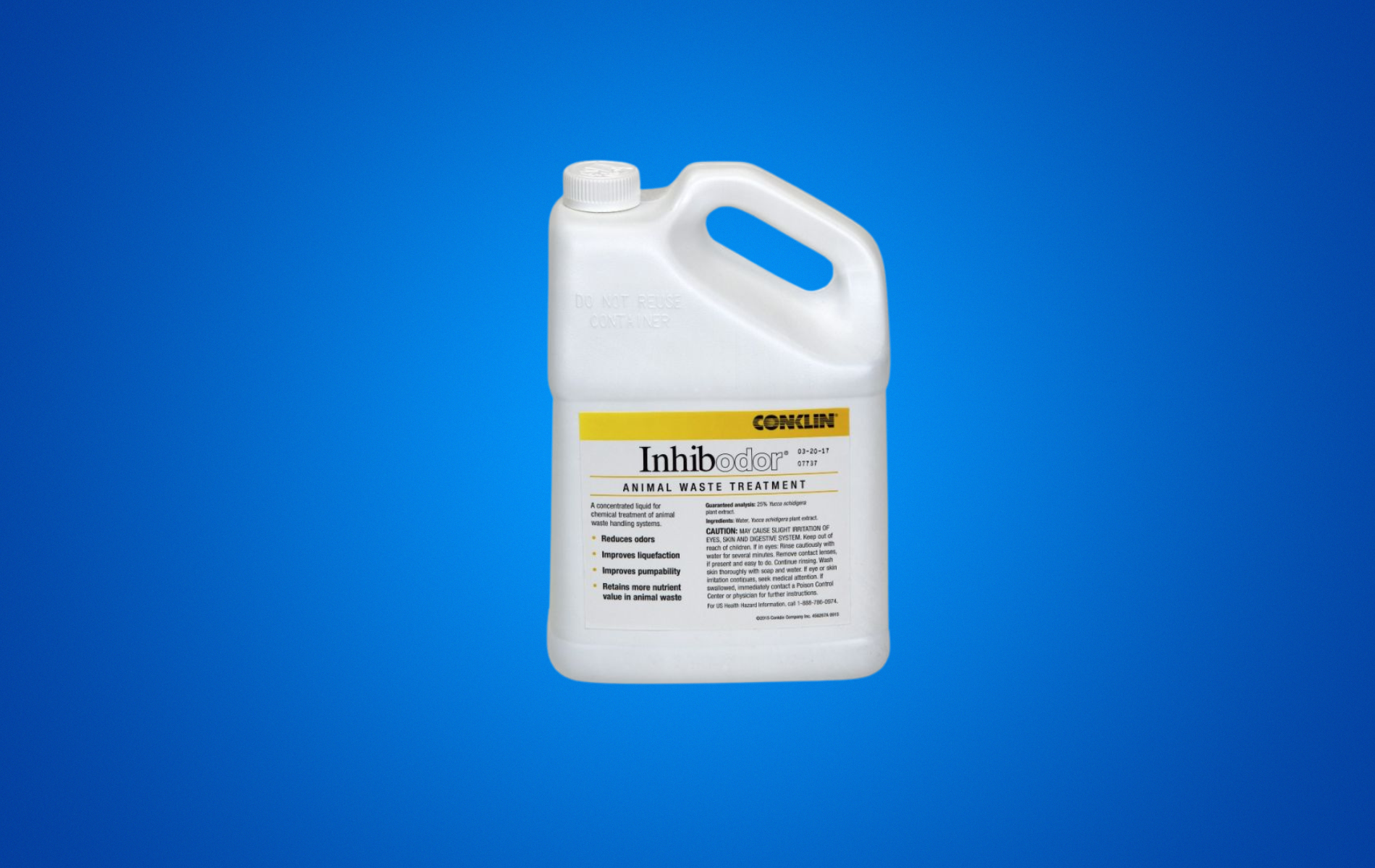 A white bottle with a handle is on a blue background.