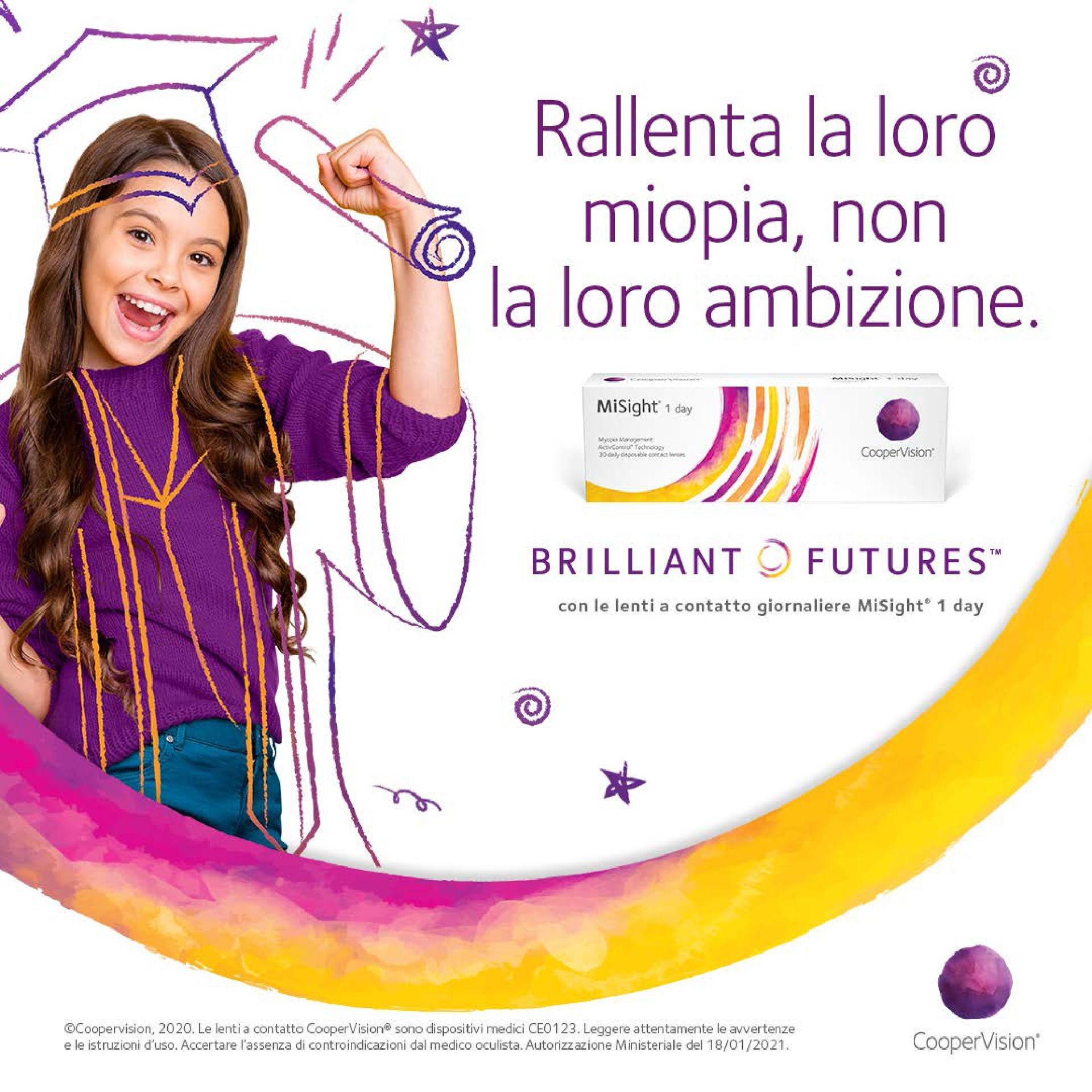 Una pubblicità per un futuro brillante mostra una giovane ragazza con un maglione viola