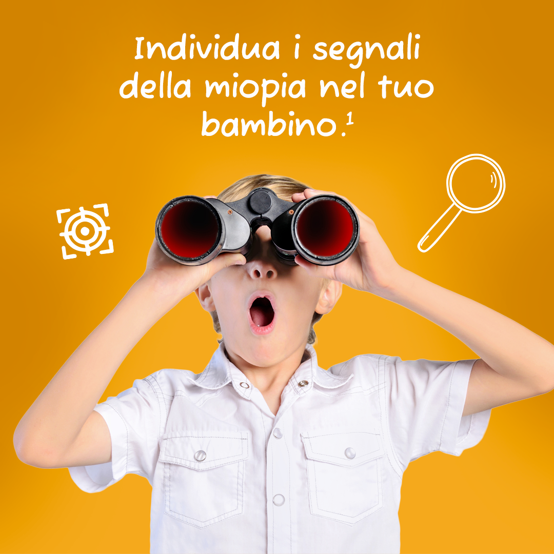 A boy looking through binoculars with the words individuala i segnali della miopia nel tuo bambino