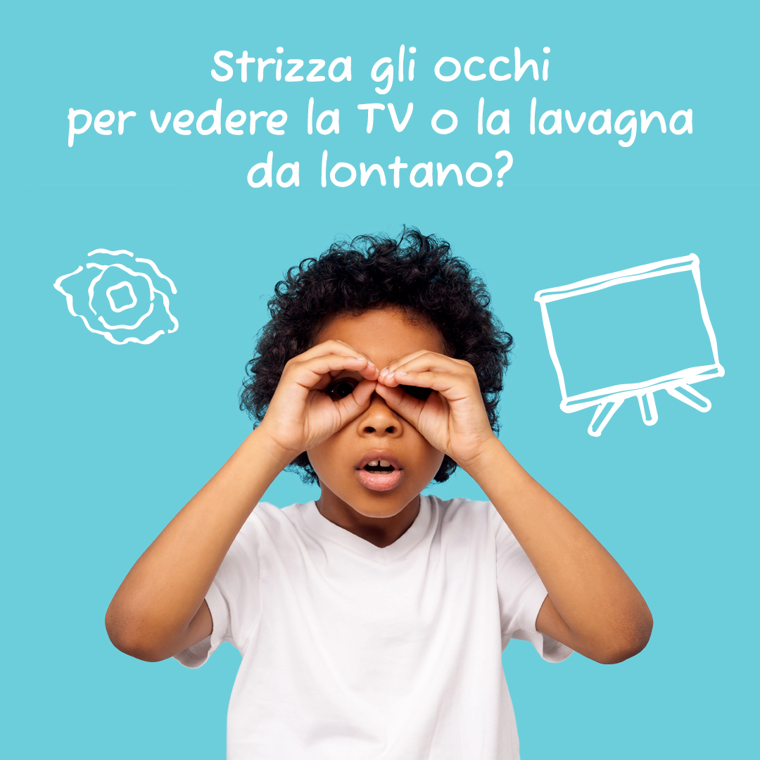 A young boy looking through binoculars with the words strizza gli occhi per vedere la tv o la lavagna da lontano