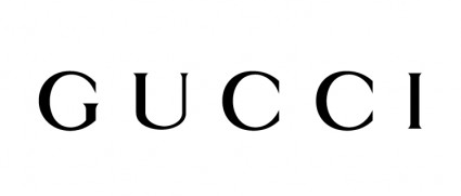Un logo in bianco e nero per Gucci su sfondo bianco.