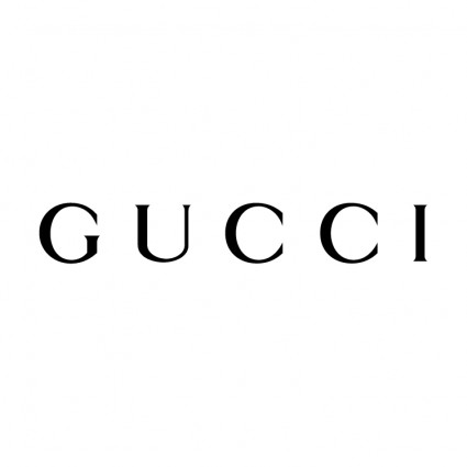 Un logo in bianco e nero per Gucci su sfondo bianco.