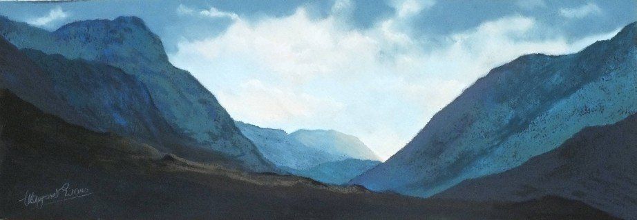 A painting by Margaret Evans showing a dark mountain valley
