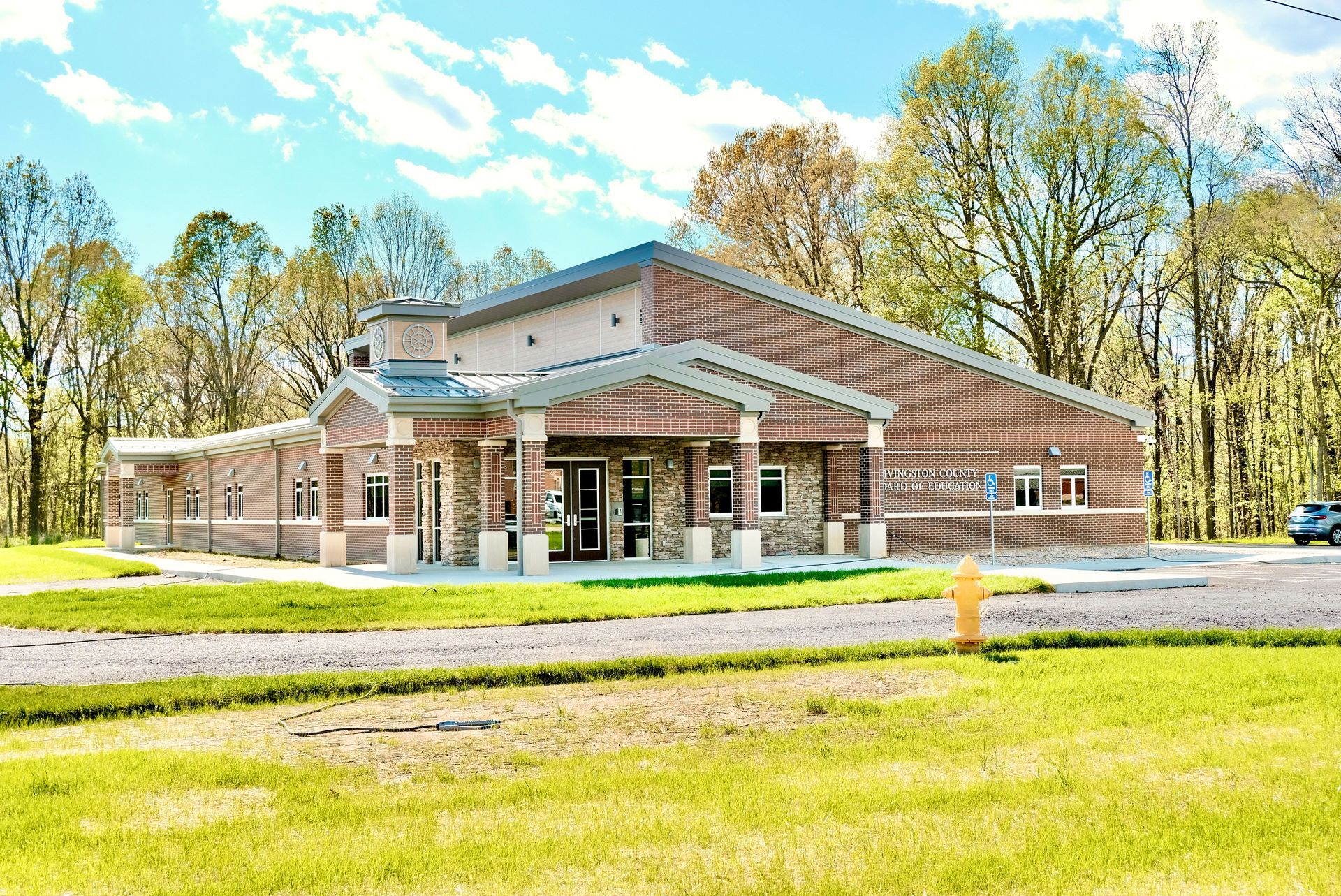 A large building with a fire hydrant in front of it.