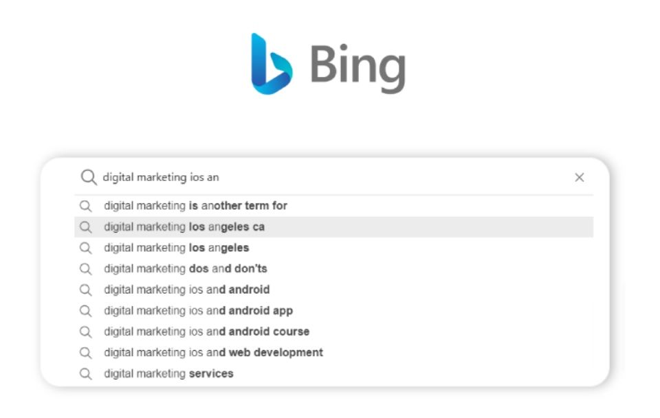 A bing search bar with a list of search results.