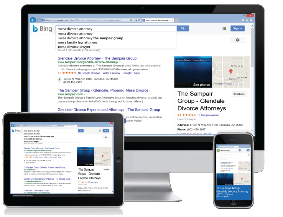 A computer , tablet , and cell phone all open to bing