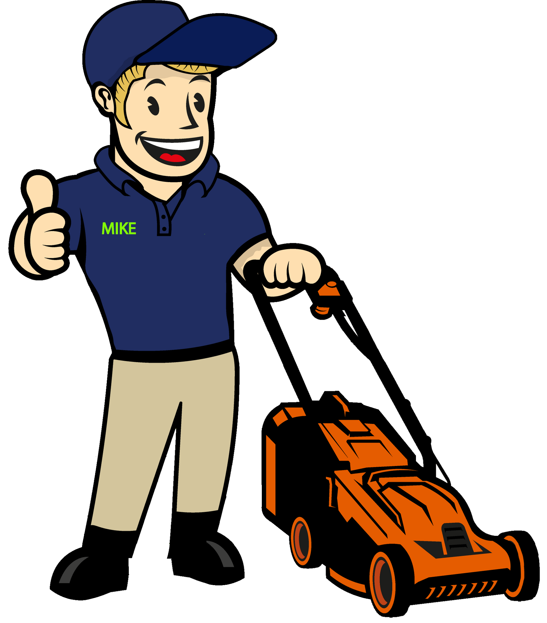 A man is holding a lawn mower and giving a thumbs up.