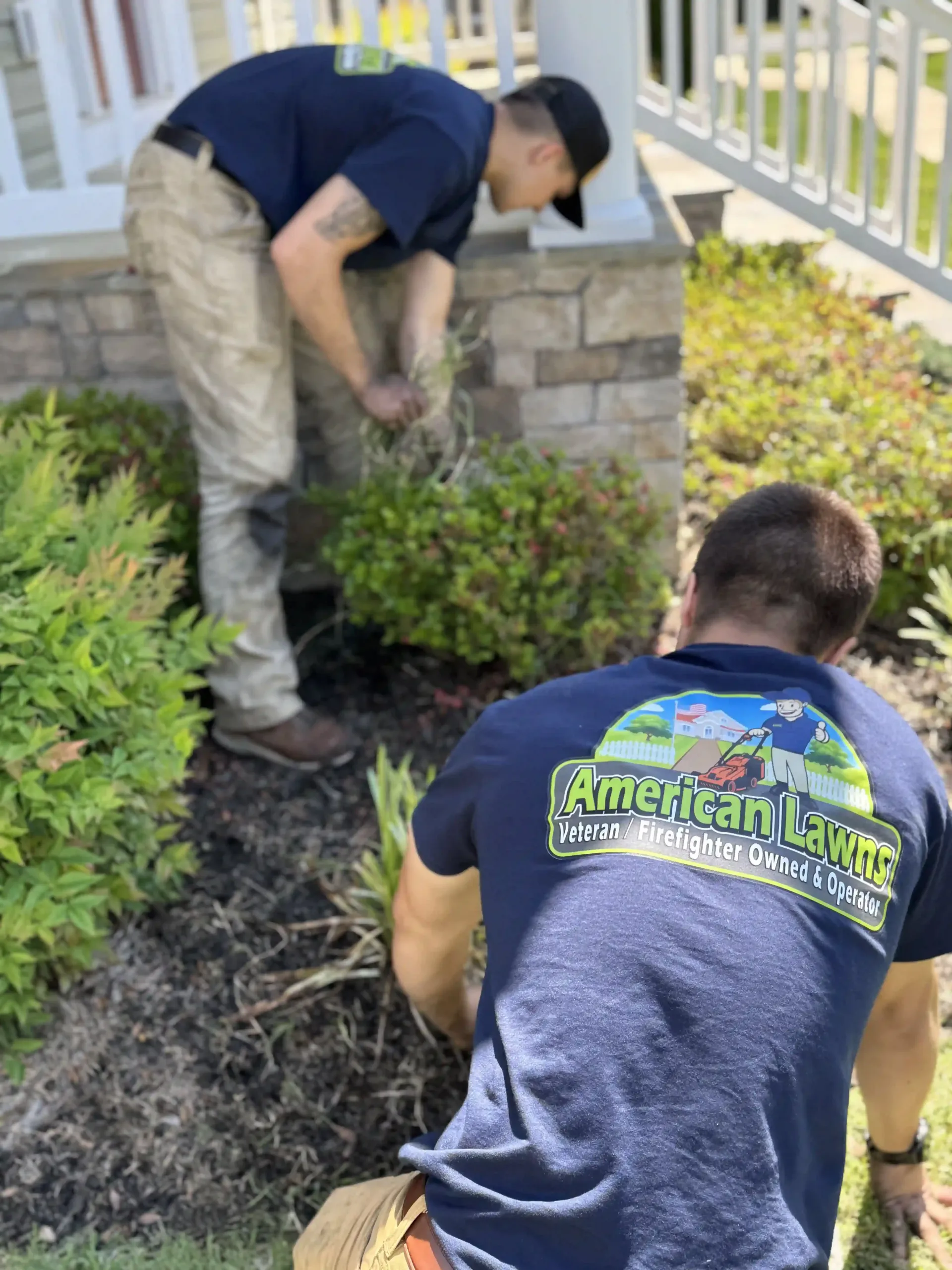 Two men are working in a garden and one of them is wearing a shirt that says american lawn care.