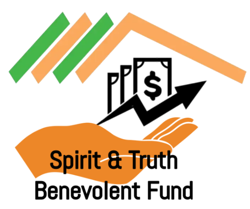 Orange hand holding rising money, house-shaped roof, text: Spirit & Truth Benevolent Fund.