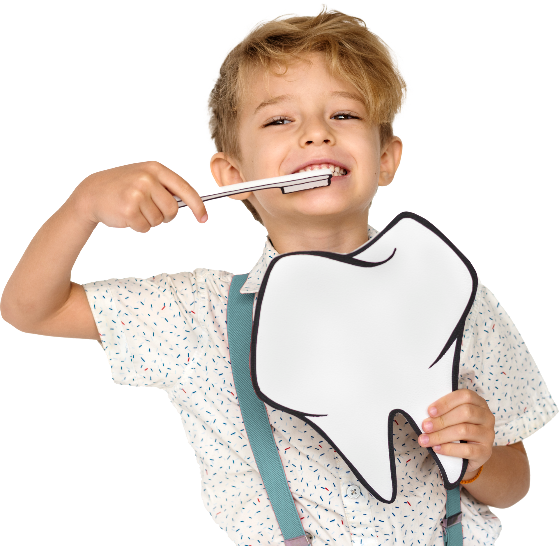 A young boy is brushing his teeth with a paper tooth.