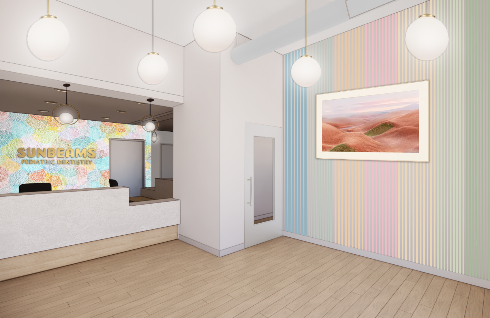 An artist 's impression of a reception area with a colorful wall.