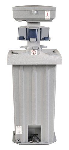 A portable hand wash station with a trash can attached to it on a white background.