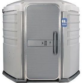 A portable toilet with a door on a white background.