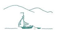 A drawing of a sailboat in the water with mountains in the background.