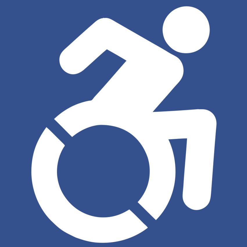 A white icon of a person in a wheelchair on a blue background