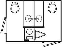 A black and white drawing of a bathroom with two toilets and two sinks.