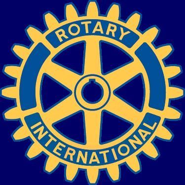 A yellow and blue rotary international logo on a blue background