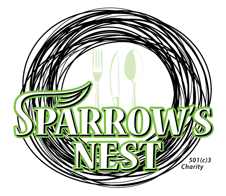 A logo for sparrow 's nest charity with a fork and spoon