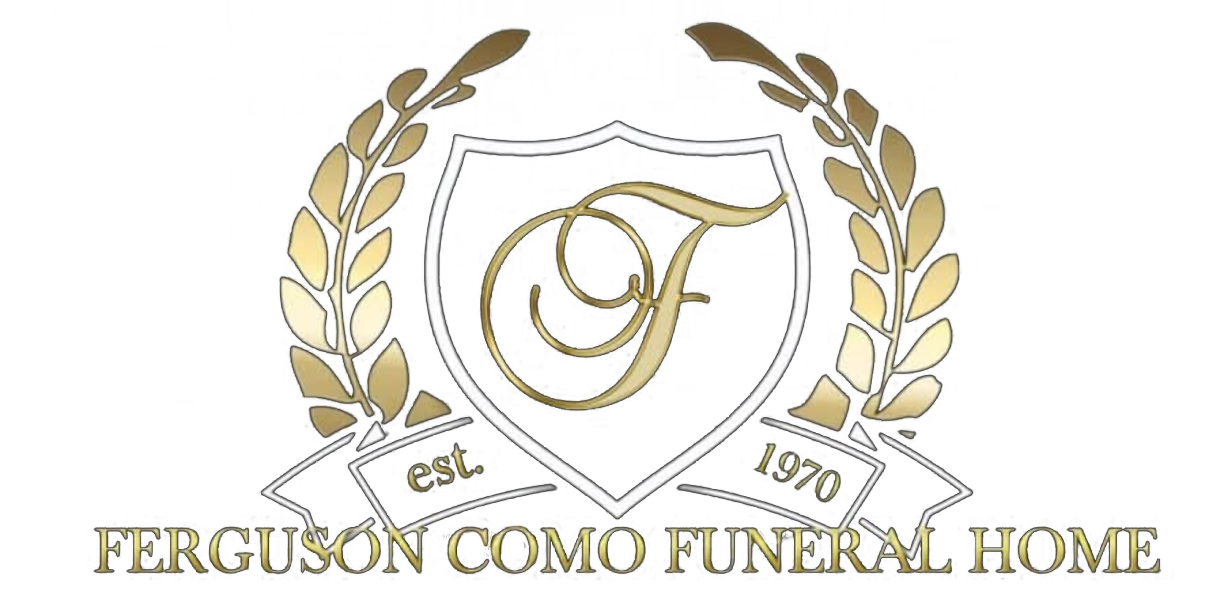 Ferguson Como Funeral Home logo with gold laurel wreaths and ornate “F” monogram