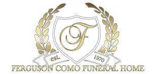 Ferguson Como Funeral Home logo with gold laurel wreaths and ornate “F” monogram