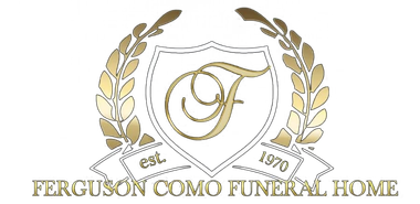Ferguson Como Funeral Home logo with gold laurel wreaths and ornate “F” monogram