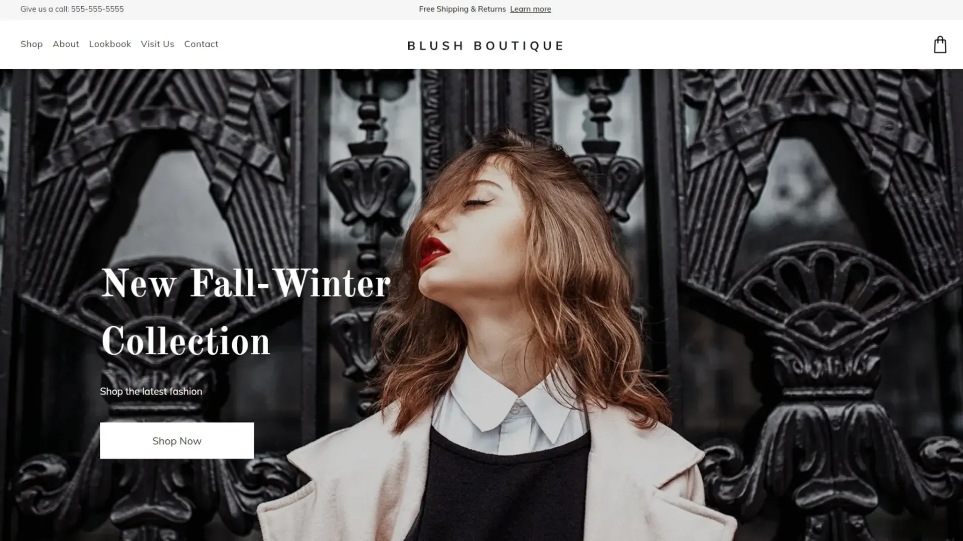 A woman is standing in front of a black door with her eyes closed.