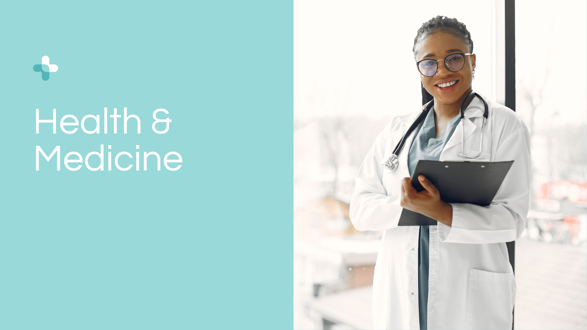 A female doctor is holding a clipboard and smiling.