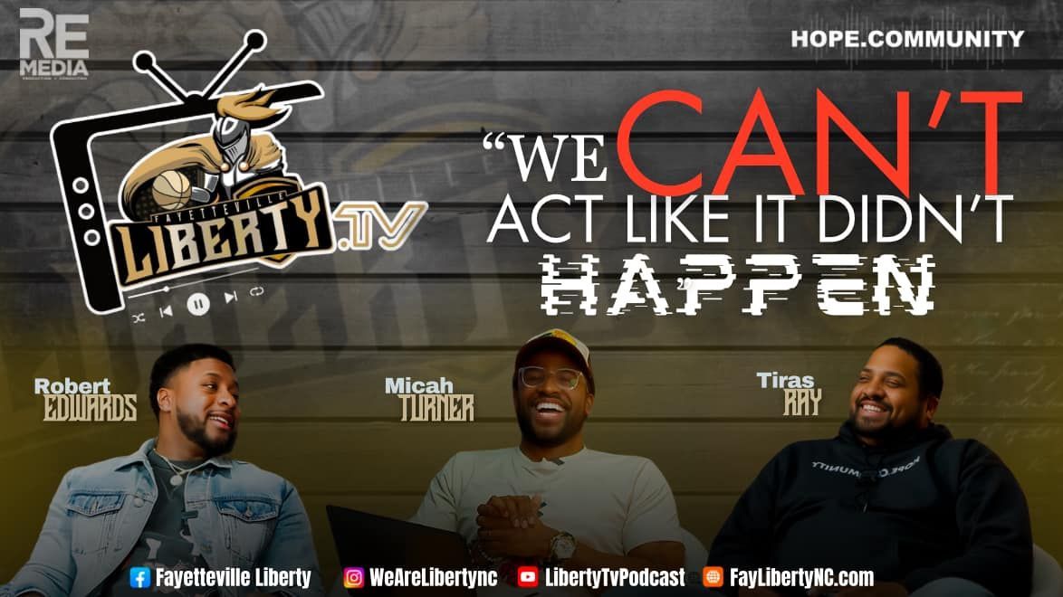 Three men on Liberty TV discussing an event, with a logo and the words 