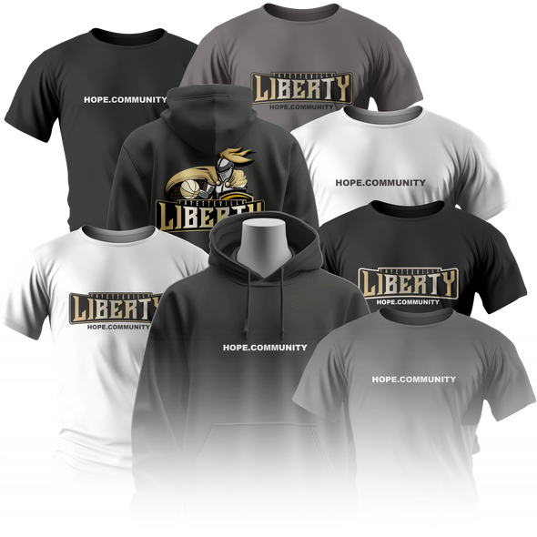 A bunch of shirts and hoodies with the word liberty on them