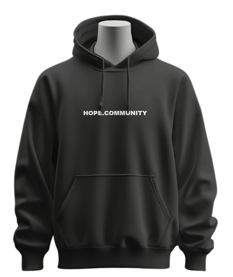 A black hoodie with hope community written on it