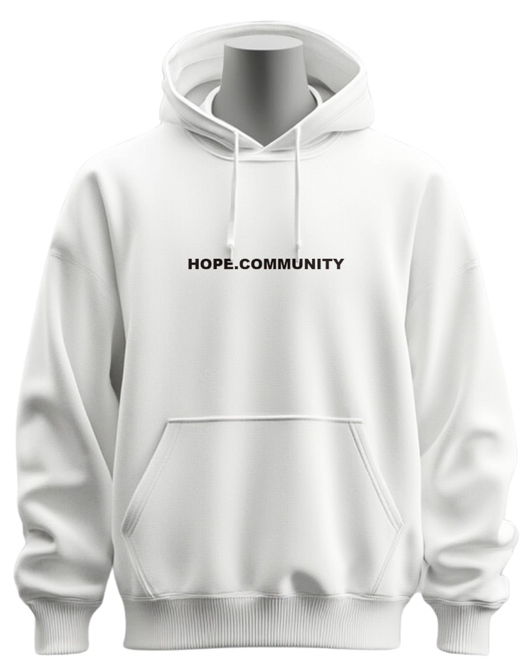 A white hoodie is on a mannequin on a white background.