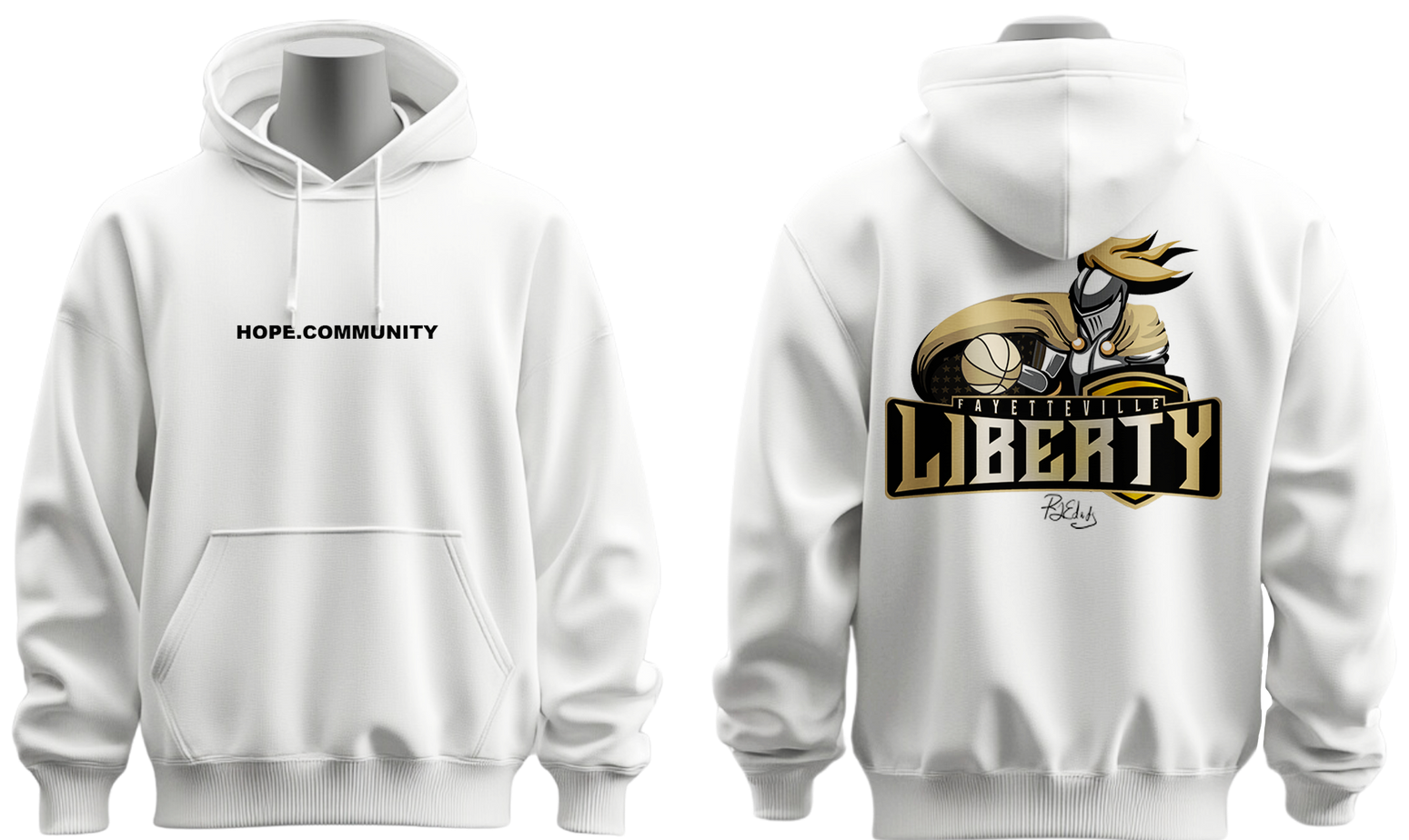 A white hoodie is on a mannequin on a white background.