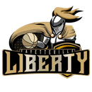 The logo for the fayetteville liberty basketball team shows a knight holding a basketball.