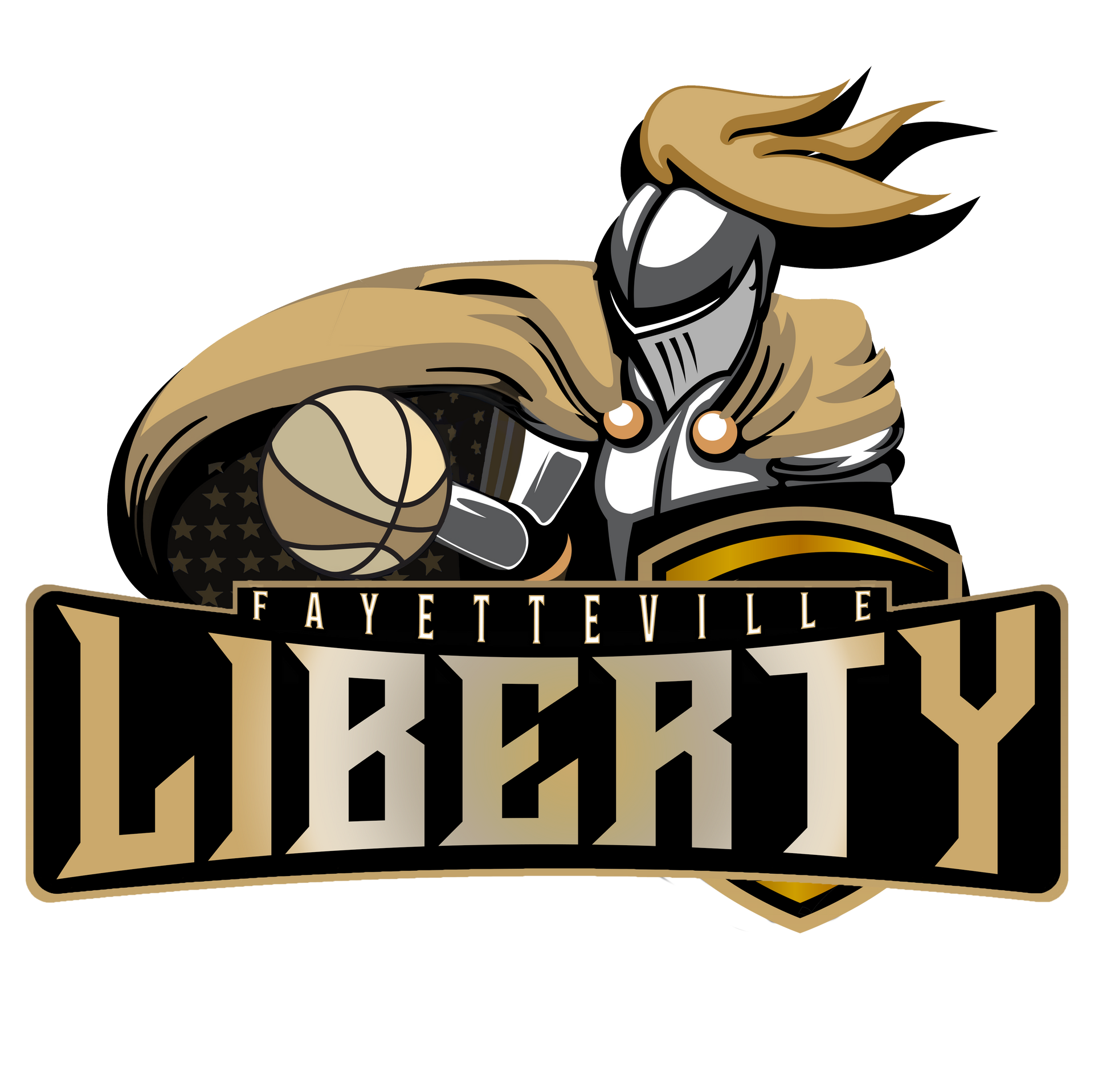 The logo for the fayetteville liberty basketball team shows a knight holding a basketball.