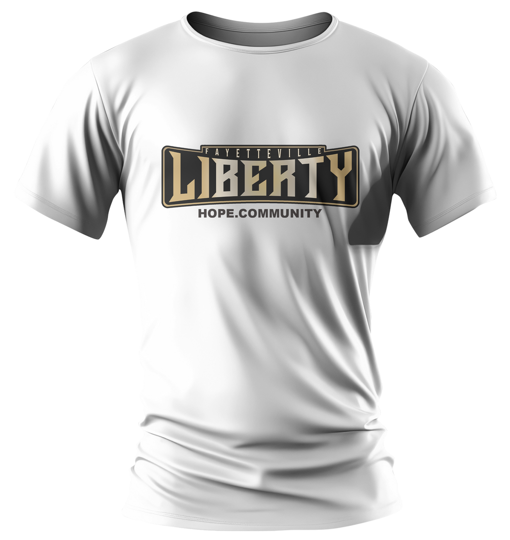 A white t-shirt with the word liberty on it