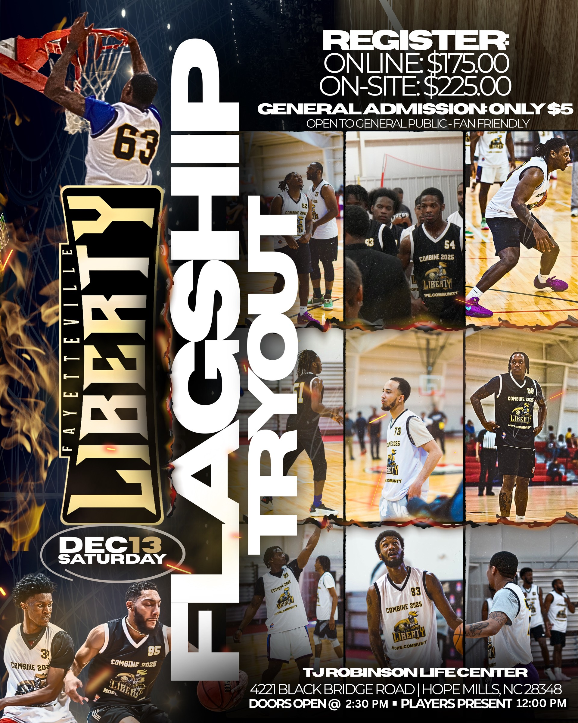 Basketball combine advertisement at TJ Robinson Life Center in Hope Mills, NC. July 12, 2025. Register online $175, on-site $225.