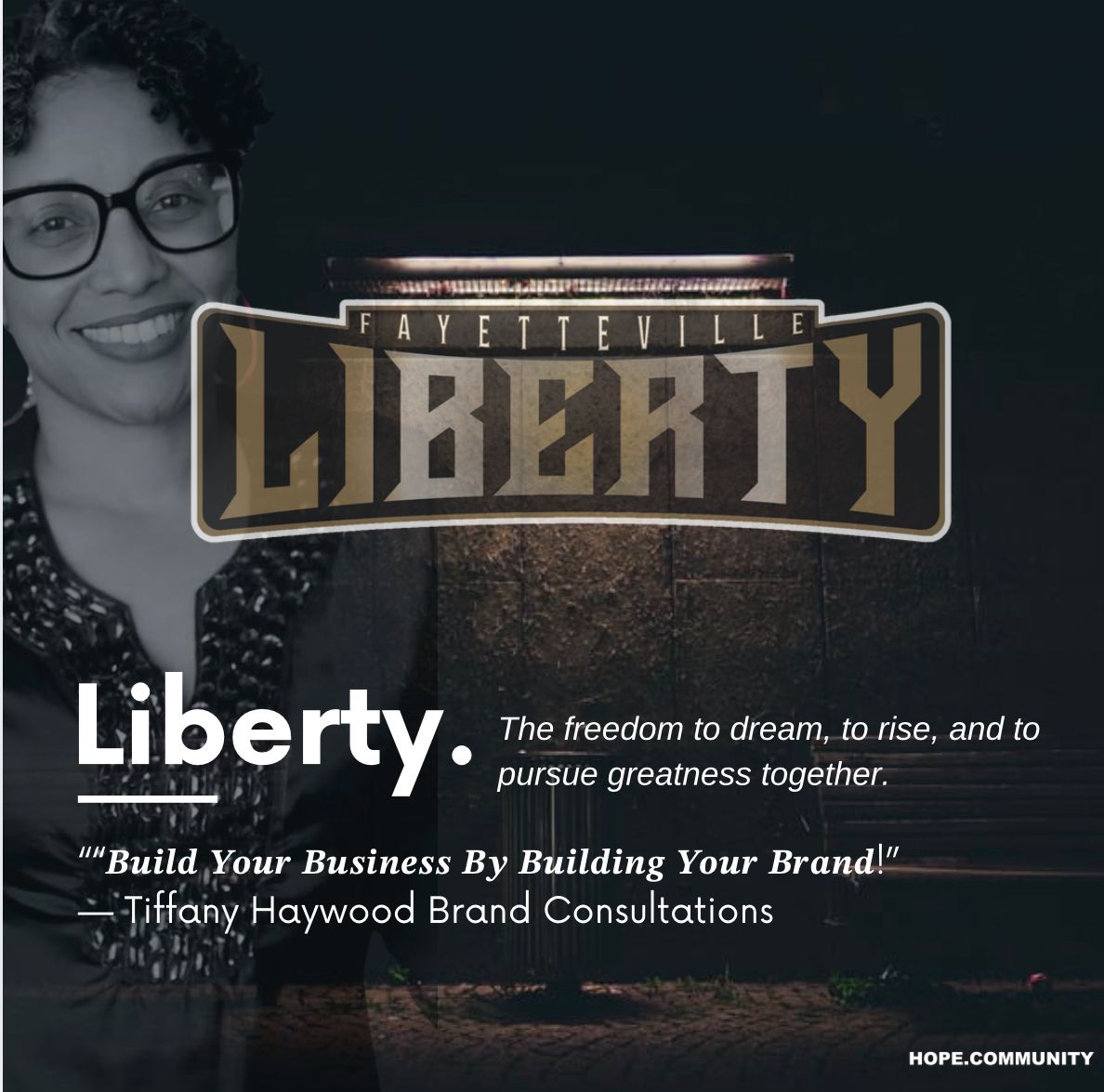 Woman wearing glasses smiles next to a Liberty brand logo and tagline.